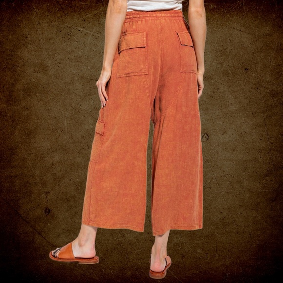 EASEL "Linen Lounge" Cotton Blend Mineral Washed Wide Leg Pants W/ Cargo Pockets - Picture 5 of 15